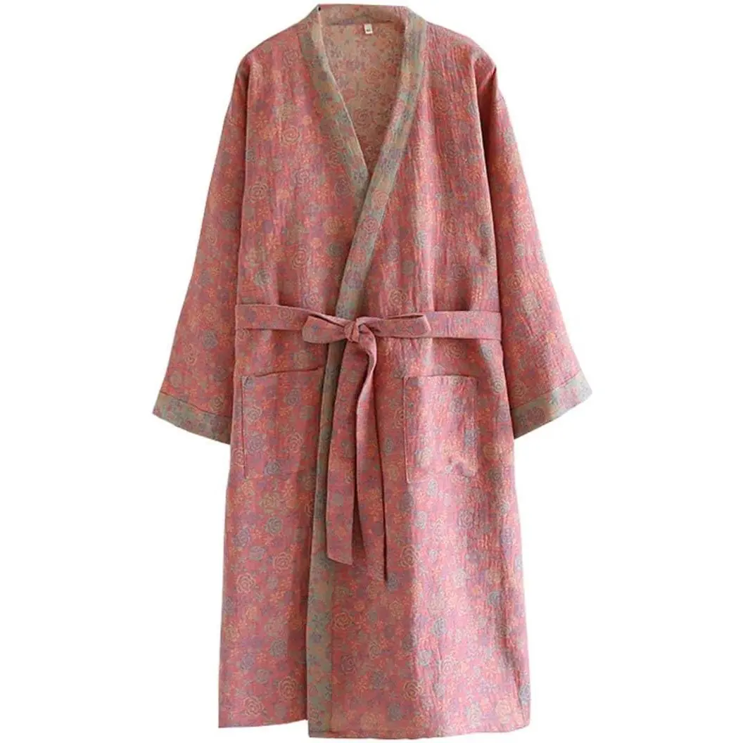 Women's Elegant Traditional V-Neck Large Cotton Yarn-Dyed Jacquard Muslin Japanese Robe - Breathable Loungewear Bathrobe (Pink)
