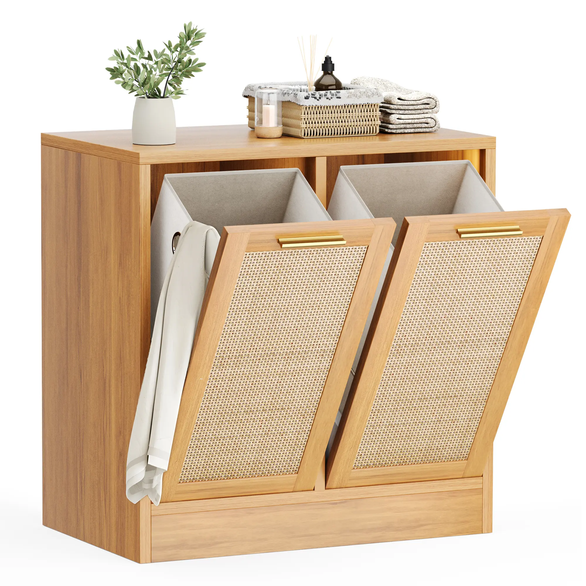 Wooden Rectangular Laundry Cabinet - Bathroom & Laundry Room Accessories, Breathable Real Rattan Design, 2 Removable Clothes Storage Baskets, Anti-Tip Bathroom Storage Unit, 66x39.5x68 cm, Natural