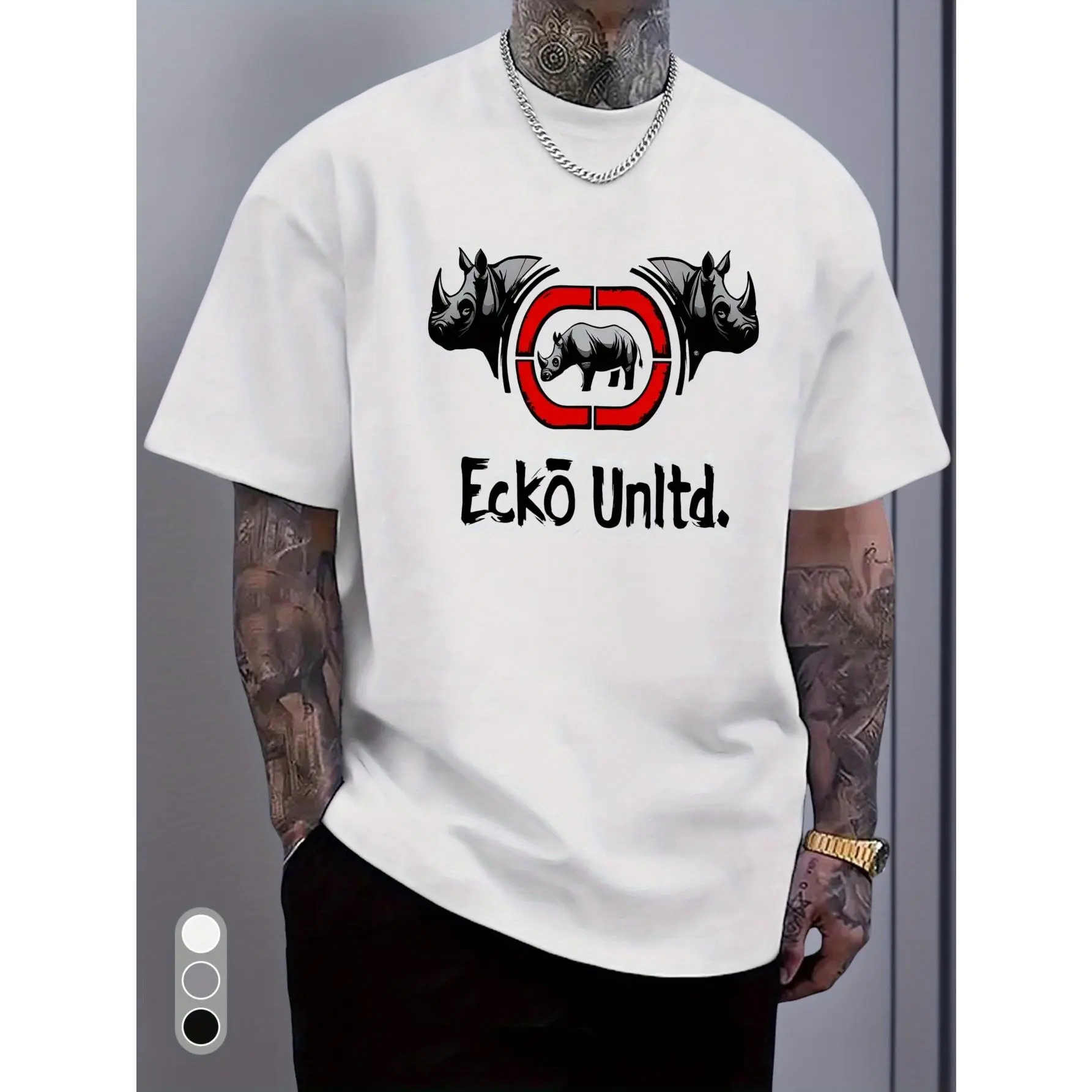 White Rhino Graphic & Ecko Unlimited Text Crew Neck T-Shirt - Bold Black Rhino Head Print, Regular Fit Casual Gym & Everyday Shirt, Durable Comfortable Soft Unisex Top for Training, Autumn & Summer Season, Adult Apparel(Ecko Unlimited Design)with Vibran