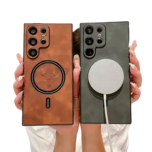 [Free!!Ship!] MagSafe Classic Matte PU Leather Case For Samsung Galaxy S25 Ultra S24 S23 S22 S21 S20 Fawn Pattern Shockproof Phone Cover