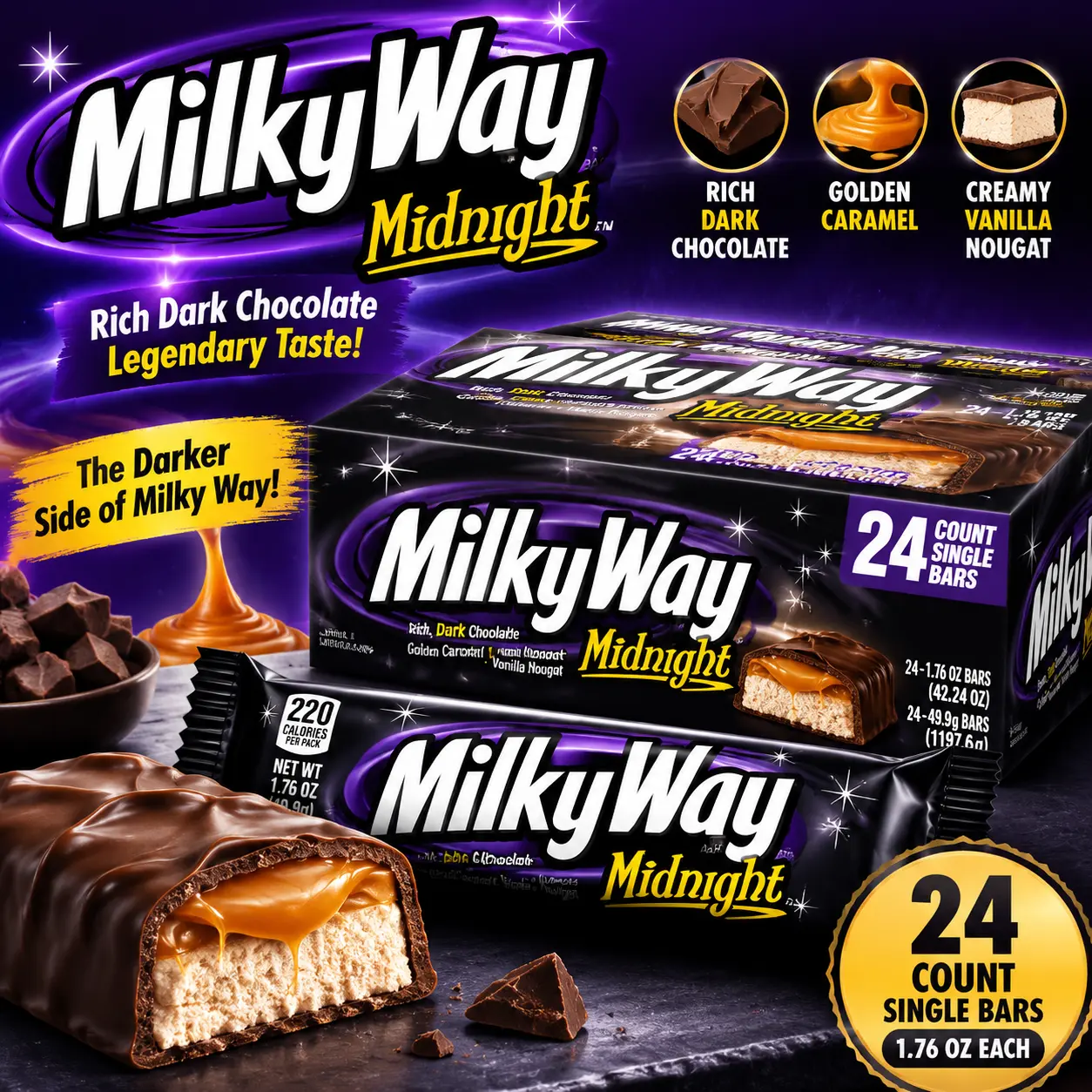 Milky Way Midnight Dark Chocolate Bars 1.76 oz 24 Count  Dark Chocolate Caramel Nougat Candy Bars | Individually Wrapped Treats