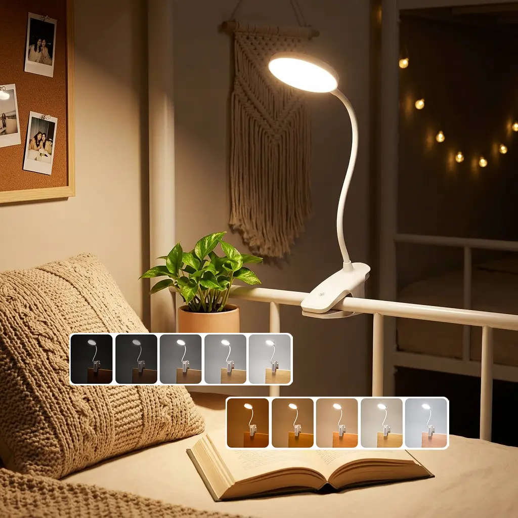 Clip-on Desk Lamp - 3600mAh Rechargeable Cordless LED Light, 360° Flexible Gooseneck, 5 Color 5 Brightness, Minimalist Desk Accessories, Table Bedside Lamp, Dorm Room Inspo Essential for College Students, Adjustable Laptop Light, 360° Rotatable