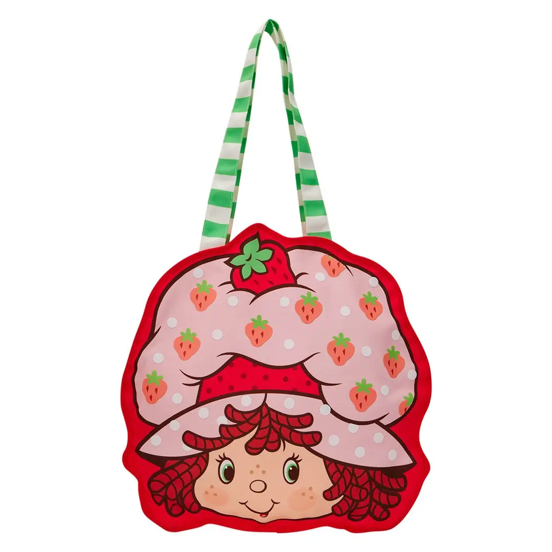 Loungefly WildBrain Strawberry Shortcake Cosplay Canvas Tote Bag, Strawberry Themed Head-Shaped Design with Applique and Printed Details, Strawberry Themed Bag