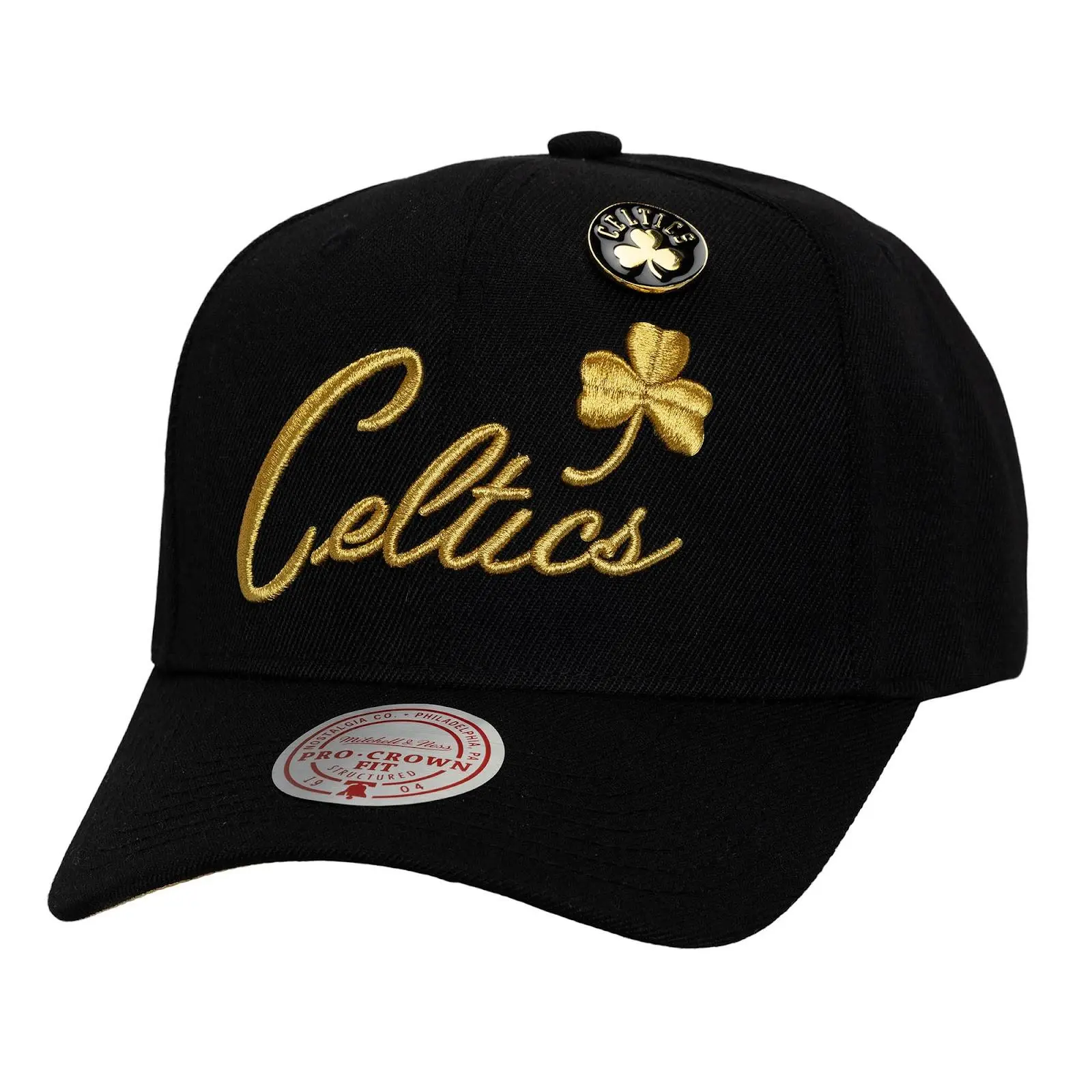 Mitchell & Ness Boston Celtics Unisex Casual Cotton Graphic Regular Fit Black Pinned Gold Pro Crown Snapback Hat