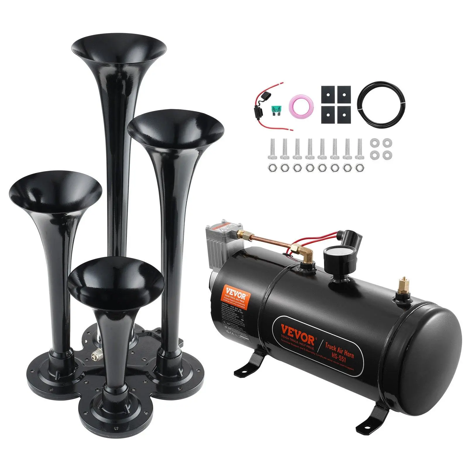 【Summerfinds】VEVOR Train Horns Kit,  4 Trumpet Air Horn Kit, 150dB Train Horns for Pickup Trucks, 12V 120 psi Air Compressor 0.8 Gal/3 L Tank with Gauge for Any 12V Vehicle Car Truck Train Van Boat Power Sound Accessory VEVOR Super Brand Day