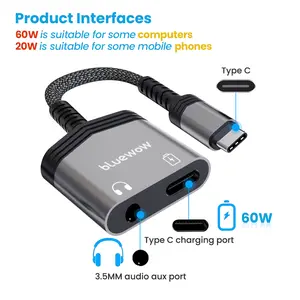 BlueWow USB C to 3.5mm Audio Headphone Adapter with PD 60W Fast Charging, Braided Nylon Cable, MFi Certified for iPhone 15/Pro & Android Travel Charger