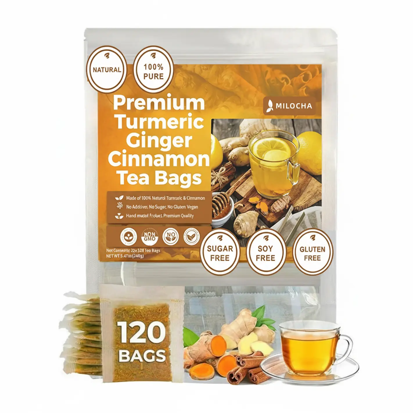 Turmeric Tea with Spices: Turmeric, Ginger, Cinnamon. 100% natural, pure, powdered, dairy-free, sugar-free. Vegan, gluten-free, keto-friendly, caffeine-free.Tea 120 Bags herbal remedy Christmas Thanksgiving Value Pack Filled with Tea