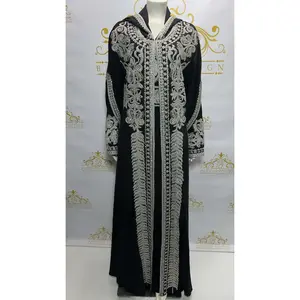 Fancy Hoody Kaftan Caftan Dress Set 3 Pcs Long Abaya Silver Rhinestone Beads - Black