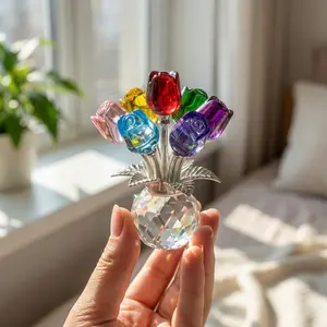 Colorful Rose Flower K9 Crystal Figurine with Vase Bouquet Handmade Ornament for Wife Girlfriend Women Home Table Decor Valentine's Day Wedding Anniversary Gift Vibrant Elegance Centerpiece