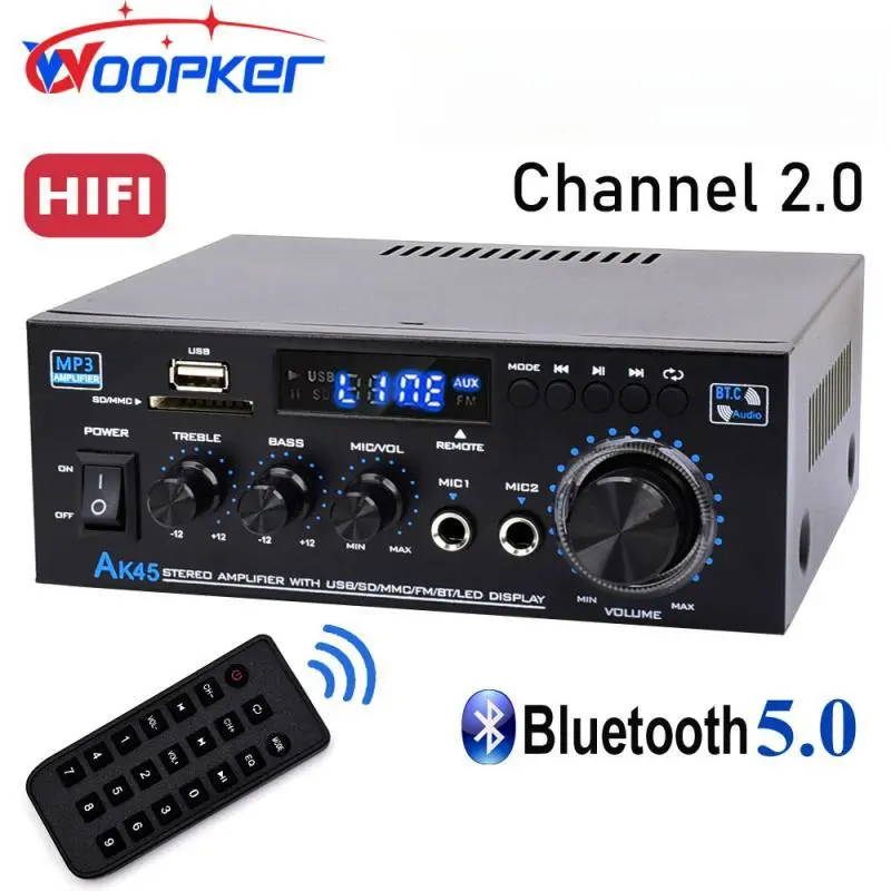 Woopker AK45 / AK45 Pro Bluetooth Stereo Amplifier, HiFi 2.0 Channel Home Audio Receiver, Compatible with 300W Speaker Pair for AK45 or 400W Speaker Pair for AK45 Pro, USB, SD, RCA, FM Radio, Dual Mic Inputs, Remote for Home Theater & Karaoke