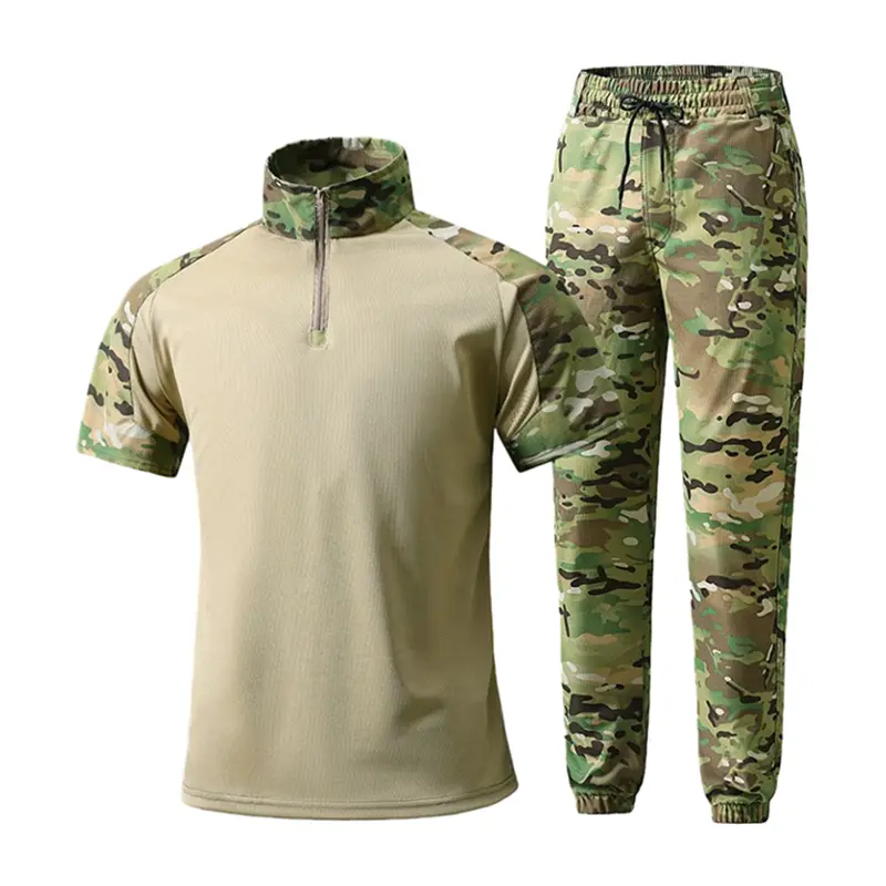 Men’s Outdoor Camouflage Set for Summer Short Sleeve quarter zip T‑Shirt, Durable Camouflage Tactical Training Top, Sports Work Pants
