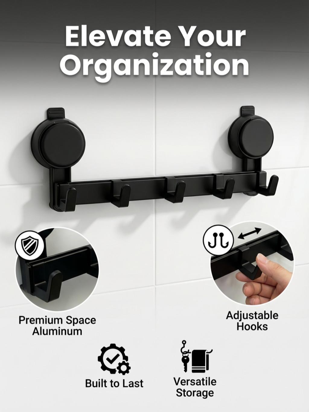 Suction Cup Hook Rack No Drill Heavy Duty Organizer Waterproof Wall Mount Hooks for Bathroom Kitchen Space Aluminum Rust Resistant