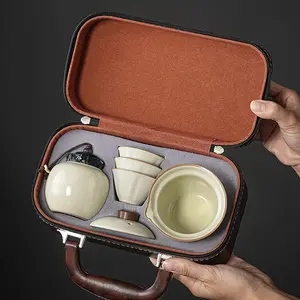 Ru Kiln Ceramic Quick Customer Cup Tea Set in Portable Case with Travel Handle for Easy