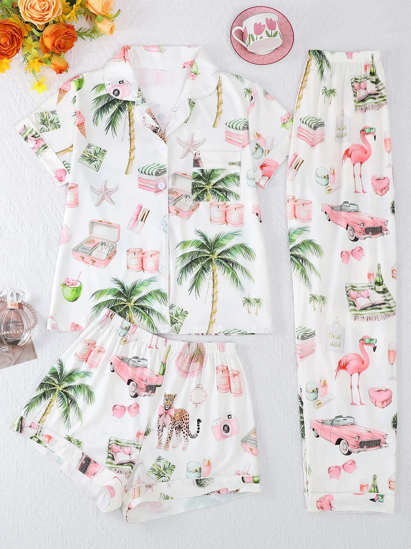 Women's Casual Coconut Tree Print Sleepwear Set, Loungewear Homewear Set, Button Front Short Sleeve Top & Loose Comfortable Shorts & Pants Cartoon Pattern Pajamas Set for All Seasons