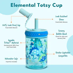 Elemental Totsy Cup 12 oz Drinking Cup with Bubble Band & Straw Lid Leak Resistant Straw Food Safe Lightweight Material Dishwasher Safe for Toddler Travel Kids