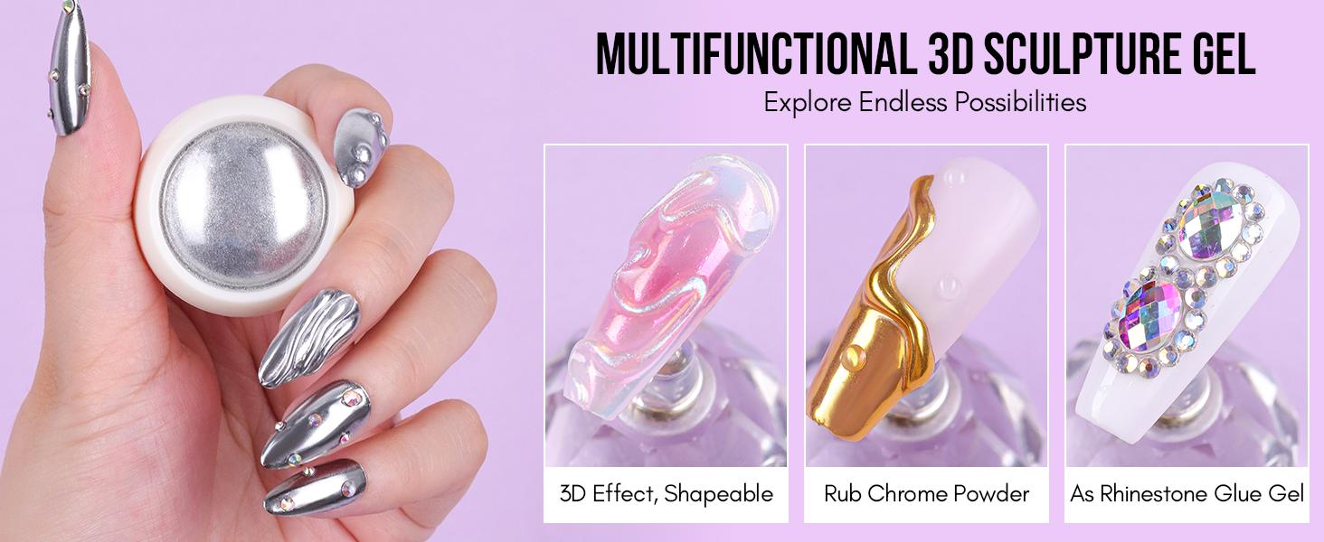 Makartt 3D Nail Gel and Chrome Nail Powder Kit, Sculpting Gel for Nail Art, 15g DIY Craving Gel, No wipe 3D Molding Gel and Metallic Chrome Powder Set for Nails Decoration Manicure Pedicure Use Nail Care Nail Polish