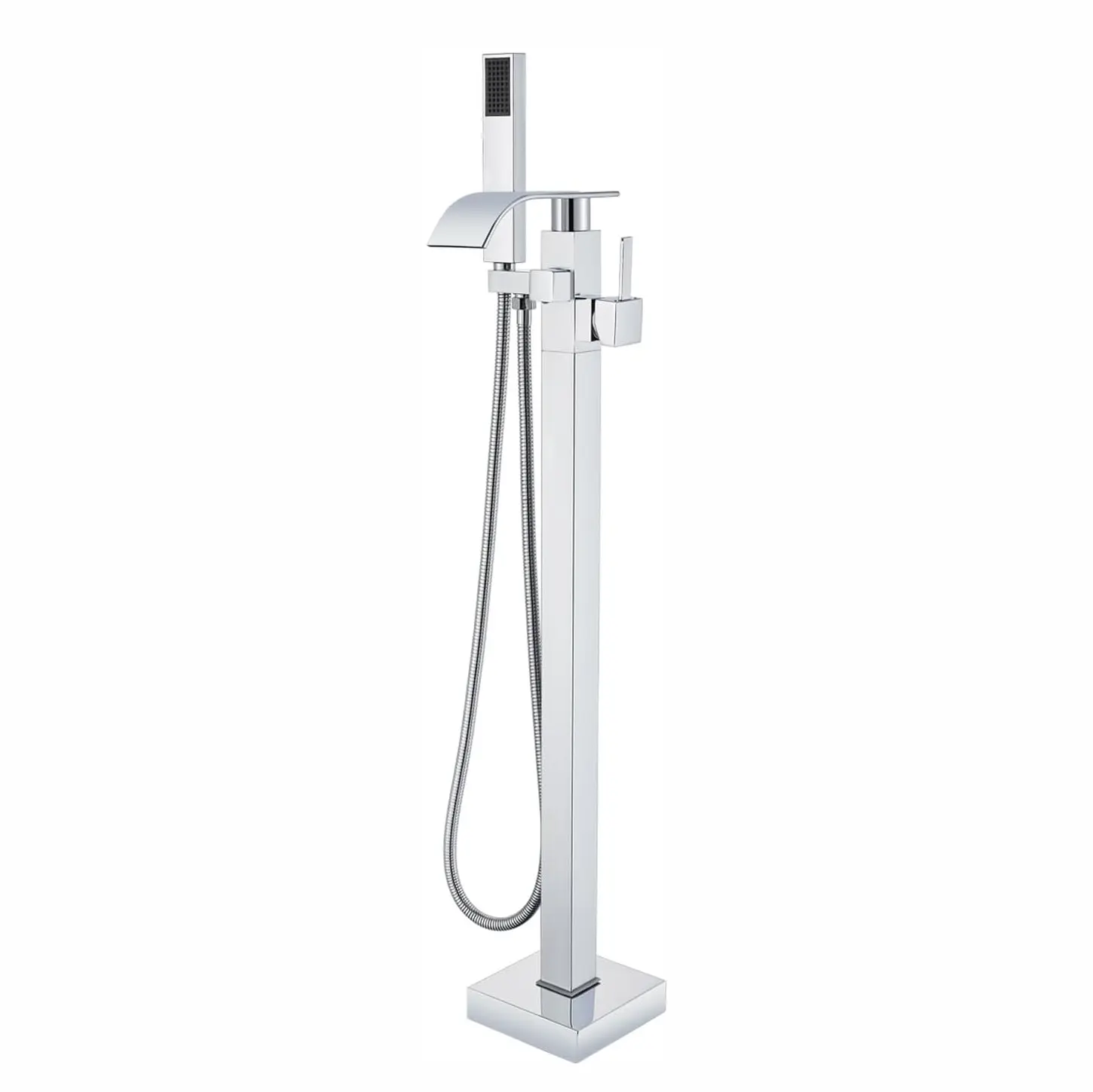 Floor-Mount Chrome-Plated Brass Bathtub Faucet - Single-Handle Tub Tap with High Arc Gooseneck Swivel Mixer Spout and Handheld Shower Combo, Chrome-Plated Tub Taps, Gooseneck Tub Taps