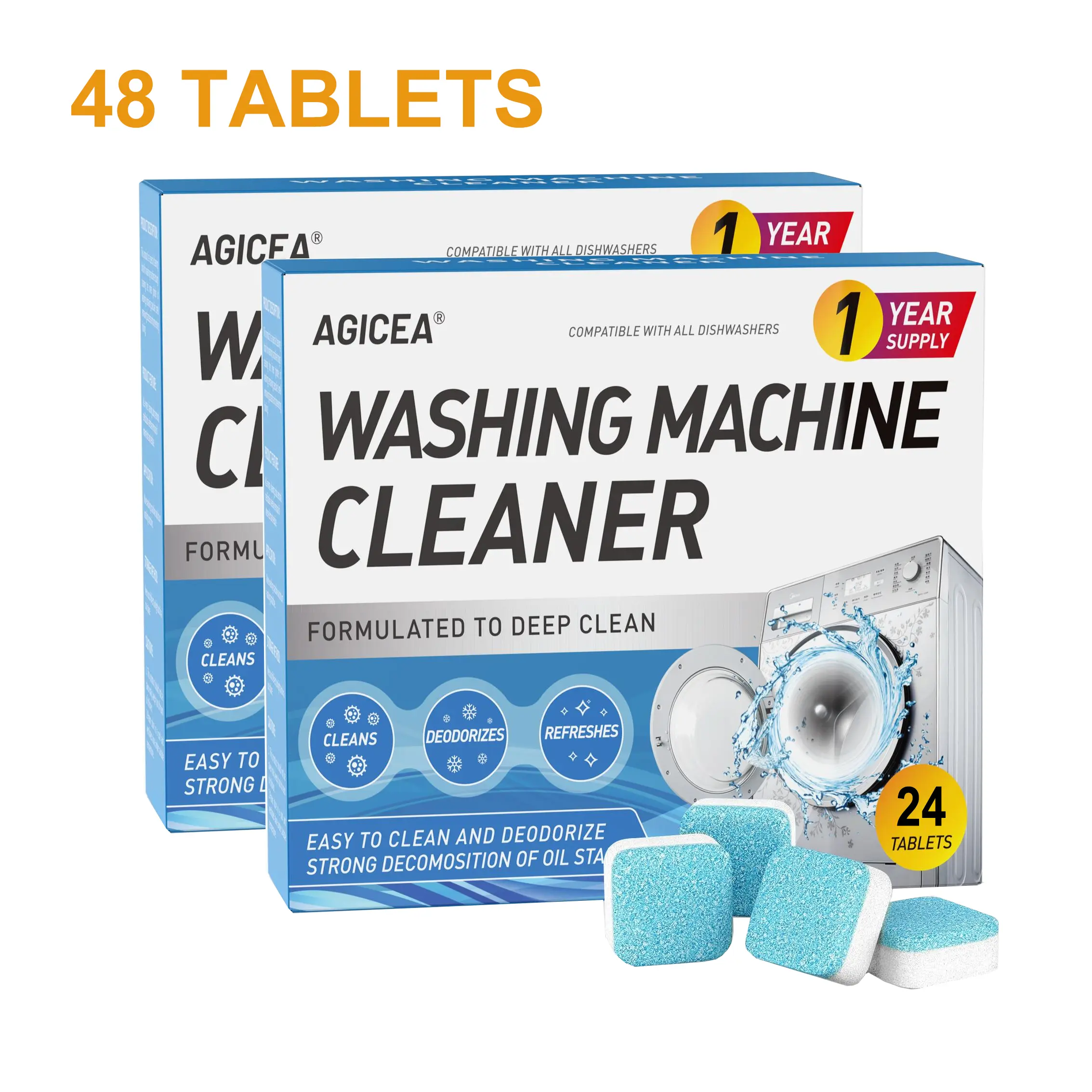 AGICEA Household Washing Machine Cleaner Tablets (48-Piece Box) - Active Wash Machine Cleaner De-Scalers, Septic Tank-Safe Floral Detergent