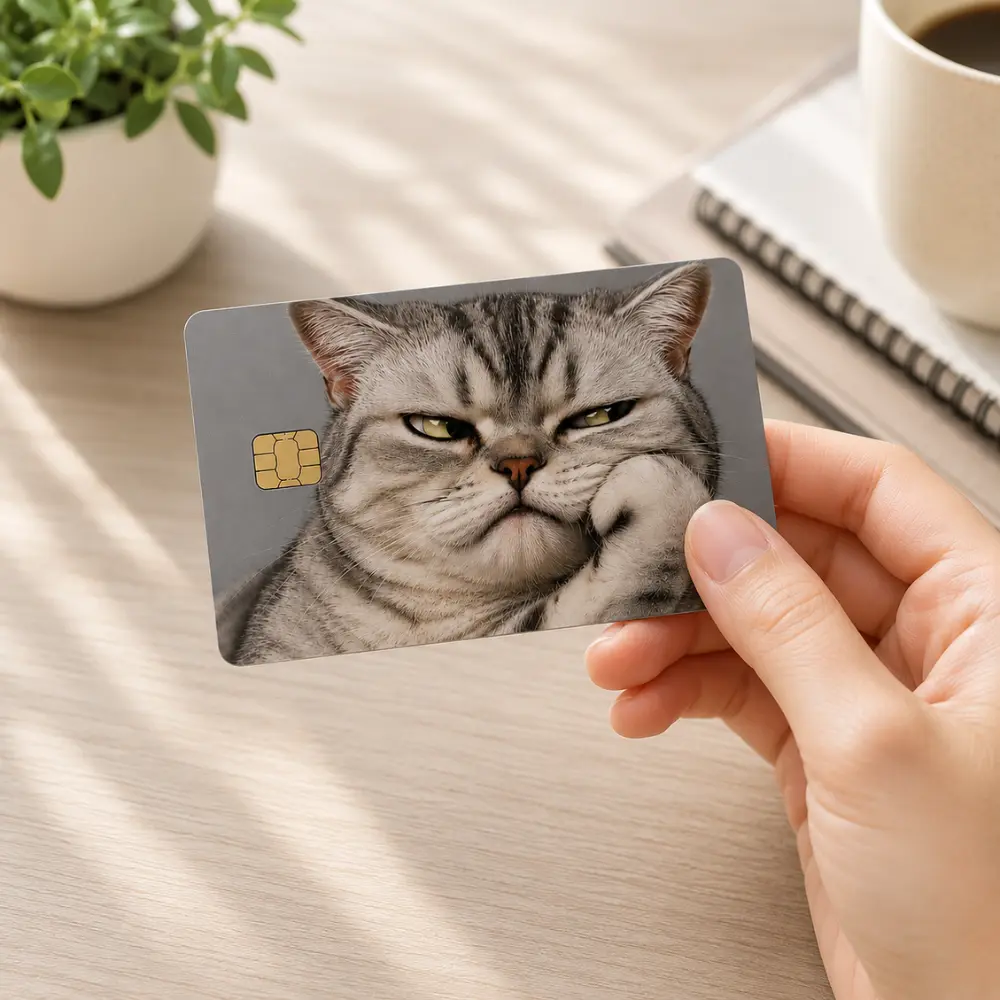 Funny Cat Credit Card Skin, Annoyed Gray Cat Card Sticker, Cute Bank Card Decal, Wallet Card Cover Gift for Cat Lovers