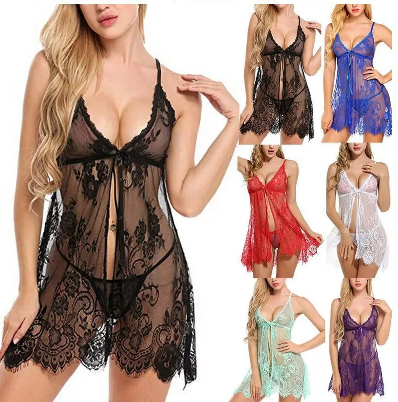 Women's Chic Body-Hugging Plunging V-Neck Sleeveless Open Front Sheer Lace Chemise - Draped Exotic Negligee, No Extra Bulk Black Lace Nightwear Loungewear