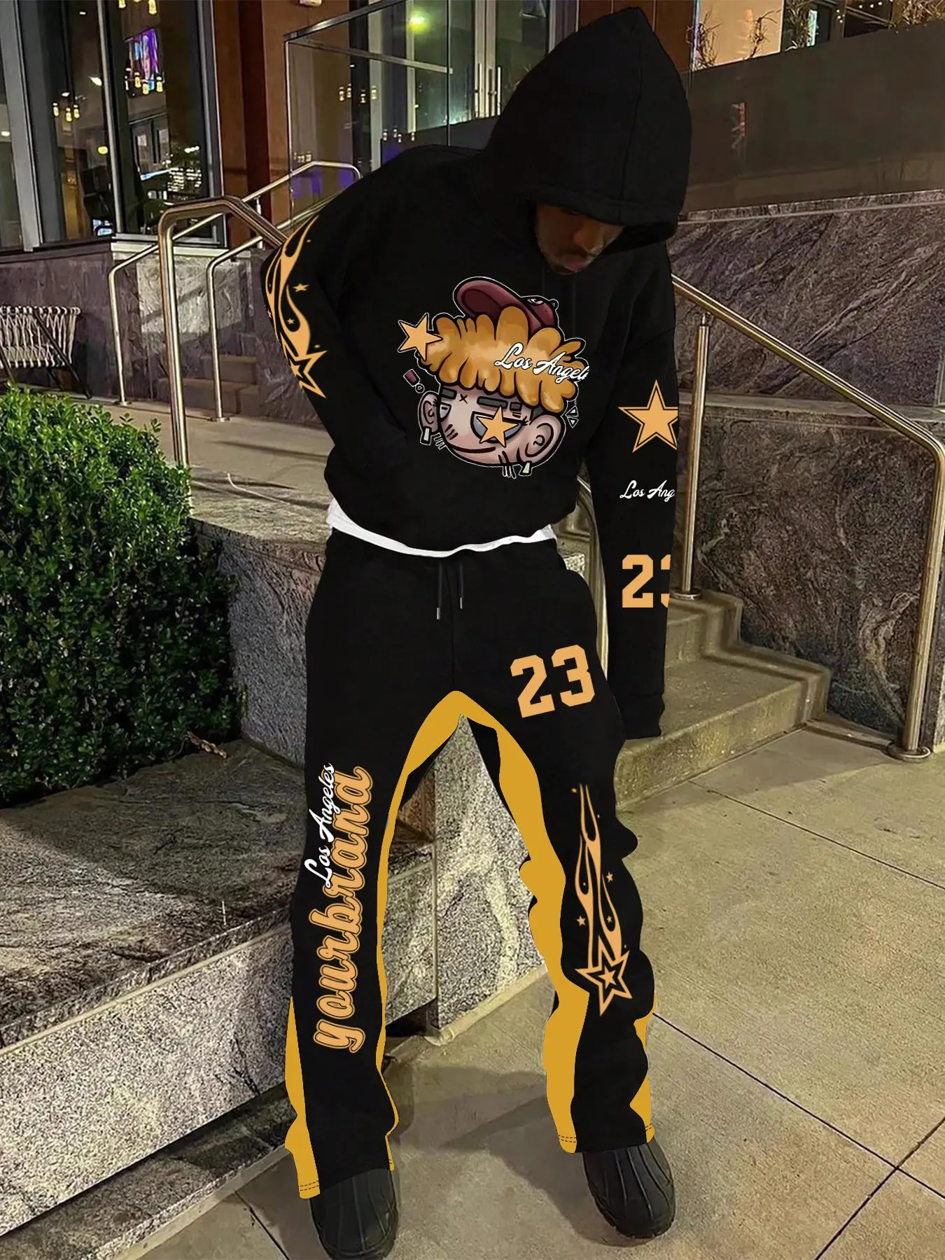 Two-piece Set Men's Star & Letter Print Drop Shoulder Hoodie & Drawstring Waist Sweatpants, Regular Fit Casual Streetwear Cozy Breathable Outfits for Daily Wear, Men's Clothes for Fall & Winter, Target Suit Set, Outfit Sets