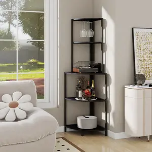 5-Tier Corner Shelf with REMOTE LED Light & USB Plug – Tall Standing Shelf for Wall Corner, Narrow Bookshelf with Glass Holder | Space-Saving Display & Storage for Living Room, Bedroom, Office – Modern Black Steel Design, Easy 20-Min Assembly