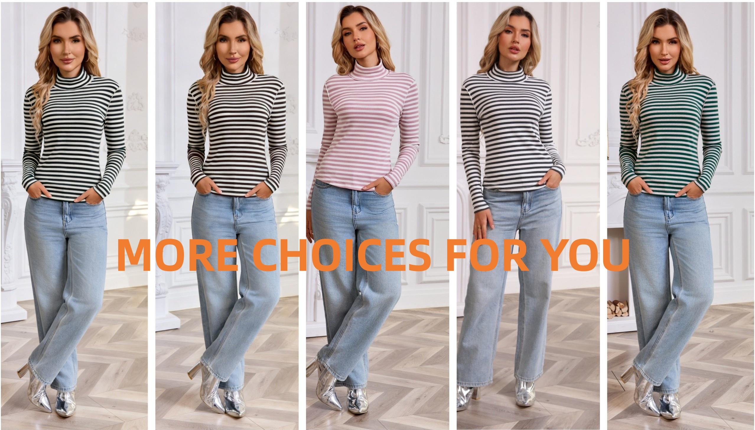 Ebossy Women's Slim-Fit Striped Turtleneck Lightweight Long Sleeve Top Soft Stretch Fabric Back Detail Basic Layering Shirt Perfect for spring & summer, casual daily & work outfits Ebossy Women's Slim-Fit Striped Turtleneck Lightweight Long Sleeve Top Soft Stretch Fabric Back Detail Basic Layering Shirt Perfect for spring & summer, casual daily & work outfits