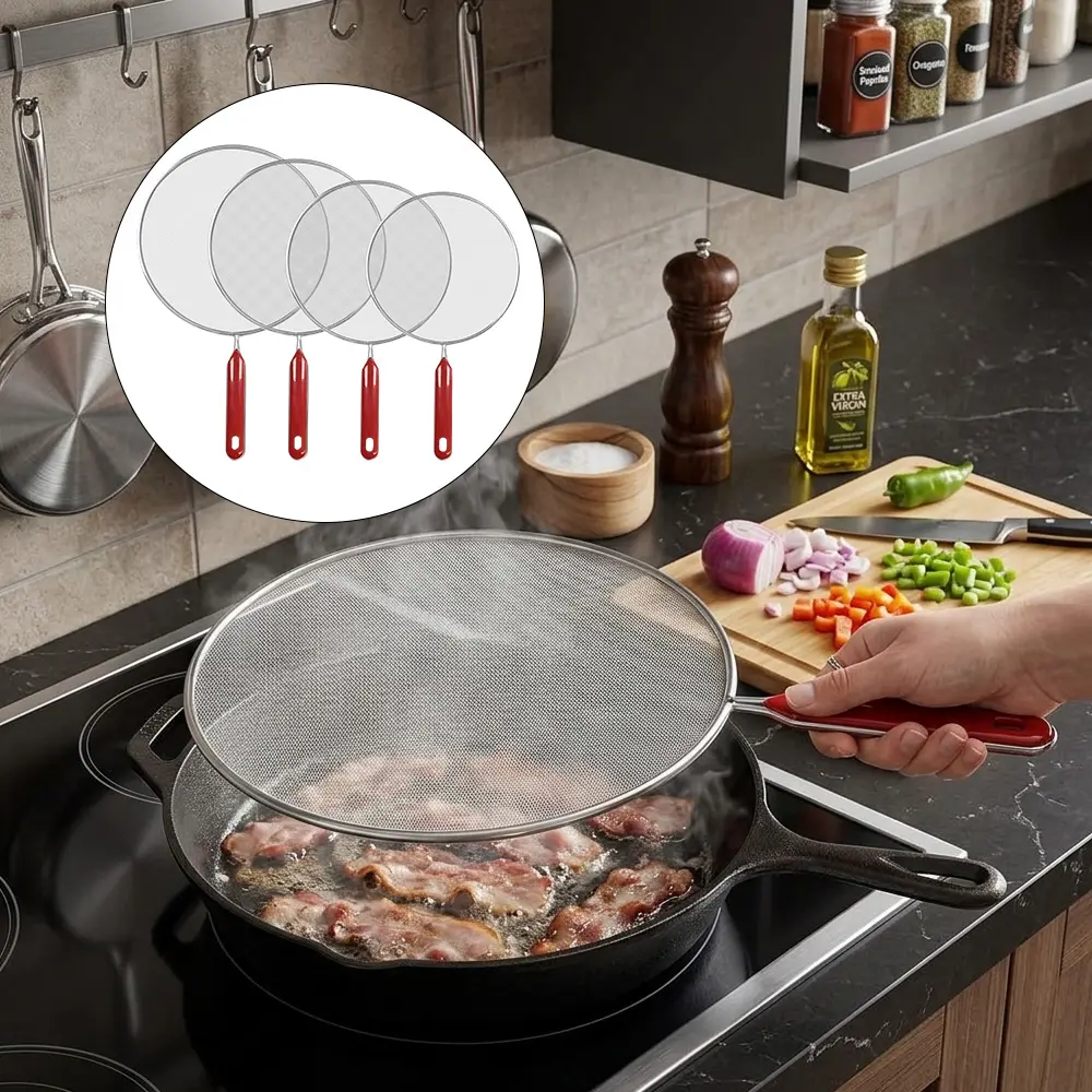4PCS Stainless Steel Splatter Guards with Mesh Handles - Splash-Proof Oil Splatter Screen for Frying Pans, Strainer & Cooling Rack, Space-Saving Hanging Holes, Splatter Guard for Cooking