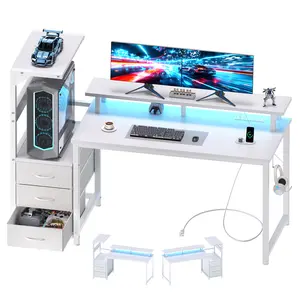 Computer Desk with 3 Drawers, LED Lights & Power Outlets, Side Storage Shelf Gaming Desk, Modern Home Office Desk for Bedroom Study Computer Desk with 3 Drawers, LED Lights & Power Outlets, Side Storage Shelf Gaming Desk, Modern Home Office Desk for Bedroom Study