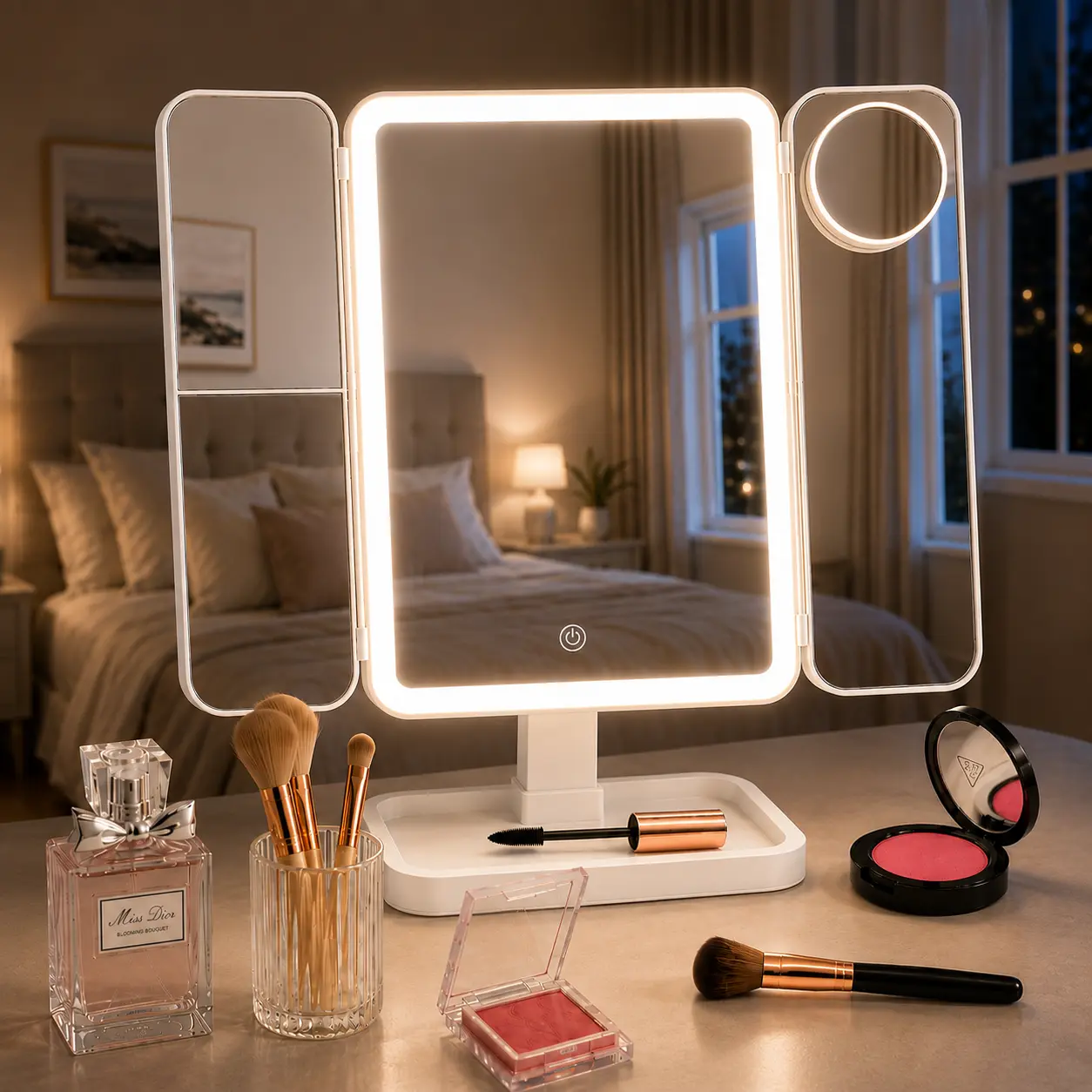 Portable LED Light Makeup Mirror - 3-Fold Foldable Rechargeable Bathroom Mirror with 2x, 3x & 10x Magnification, Touch Control for Travel/Bedroom, Home Decor, Bedroom Decor, Makeup Prep, Beauty Focus