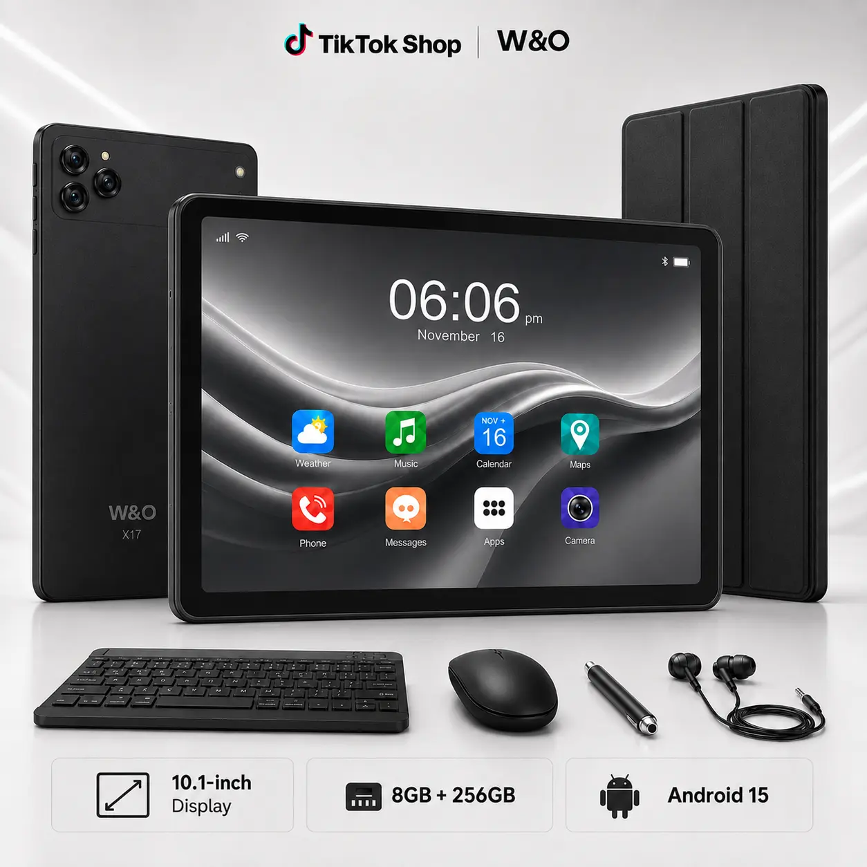 W&O 2026 Android 15, 11-inch Tablet, 12GB RAM + 256GB Expandable Storage, Long Lasting Battery, Large HD Screen, 10000mAh Battery, 5G WiFi, Portable Device with Keyboard, Mouse, Case, Stylus, Dual Camera, Work, smart Bluetooth Sim
