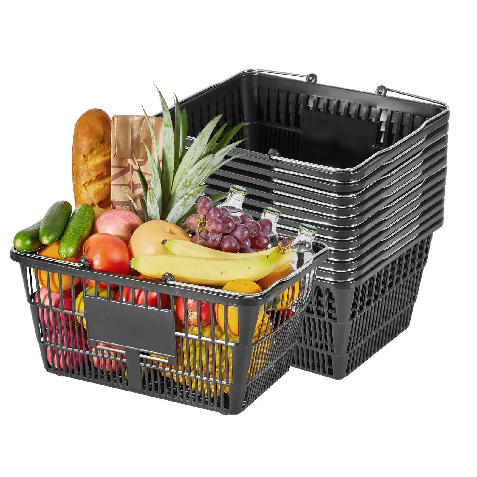 【SummerFinds】VEVOR Shopping Baskets, 12 PCS, 21L Stackable PE Plastic Grocery Baskets with Handles, Dense Mesh Structure, Holds up to 20 lbs, Portable for Grocery, Retail, Stores, Supermarket, Home Use, Black