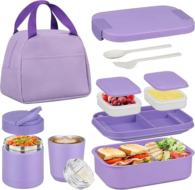 [Back To School]Bento Lunch Box Set with 10.5 oz Insulated Food Jar, 4-Compartment Stainless Steel Leakproof Container, Coffee Tumbler and Lunch Bag for Adults & Kids, School, Office, Travel and Picnics