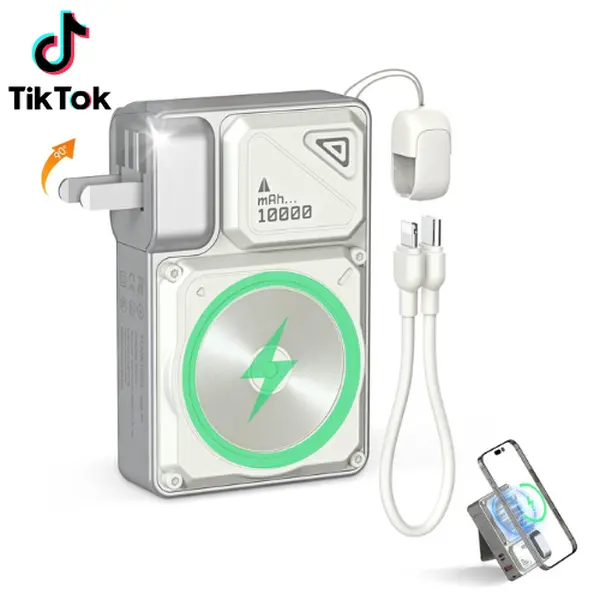 10000mAh Magnetic Power Bank, 22.5W MAX Fast Charging Portable Charger with Built-in Cable & Foldable AC Plug, Compact Phone Accessory for Smartphones, iPhone, iPad, Samsung Devices, Smartphone, Wireless
