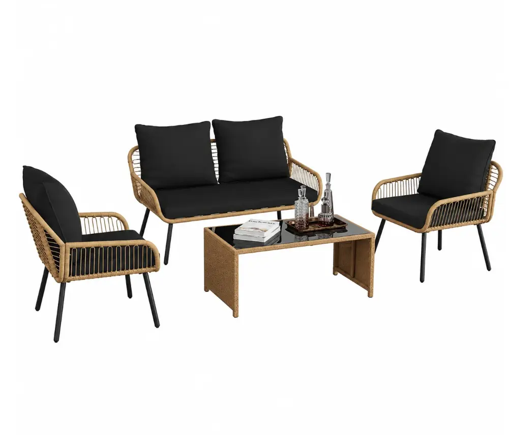 GARVEE 4-Piece All-Weather Wicker Patio Furniture Set, PE Rattan Outdoor Conversation Set with Loveseat, 2 Chairs, Cushions, Tempered Glass Table & Straight-Leg Design, Black Outdoor Furniture, Patio Furniture Sets