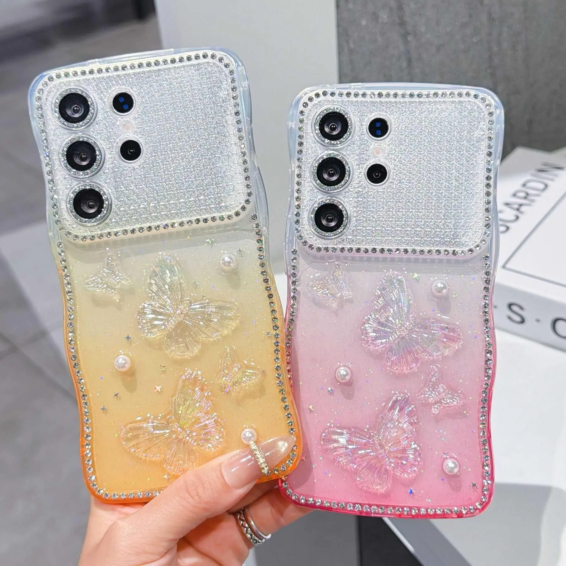 Instant Sparkle Rhinestone Wave Resin Butterfly Phone Case For Samsung Galaxy S26 Ultra/For S25/For S24 Full Cover Shockproof Case HNZ83PLFEF