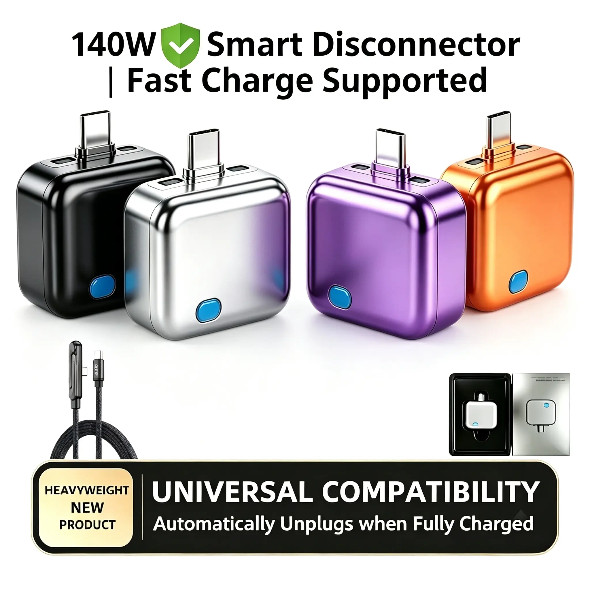 Automatic Charging Stopper – 140W Type-C Super Fast Charging Adapter, suitable for smartphones, power banks, headphones, smart disconnection feature, fully charged pop-out, overcharge protection, portable battery protector. Equipped with a 240W data cable