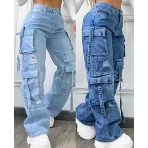 In 2025, fashionable solid - color all - match plus - size high - waisted multi - pocket casual work - style jeans for womenZE565