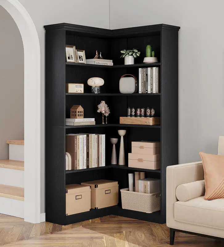 GARVEE 72.8in Farmhouse L-Shaped Corner Bookcase - Tall 5-Tier Wood Storage Tall Shelves for Living Room, Bedroom (Black, Full Panel)