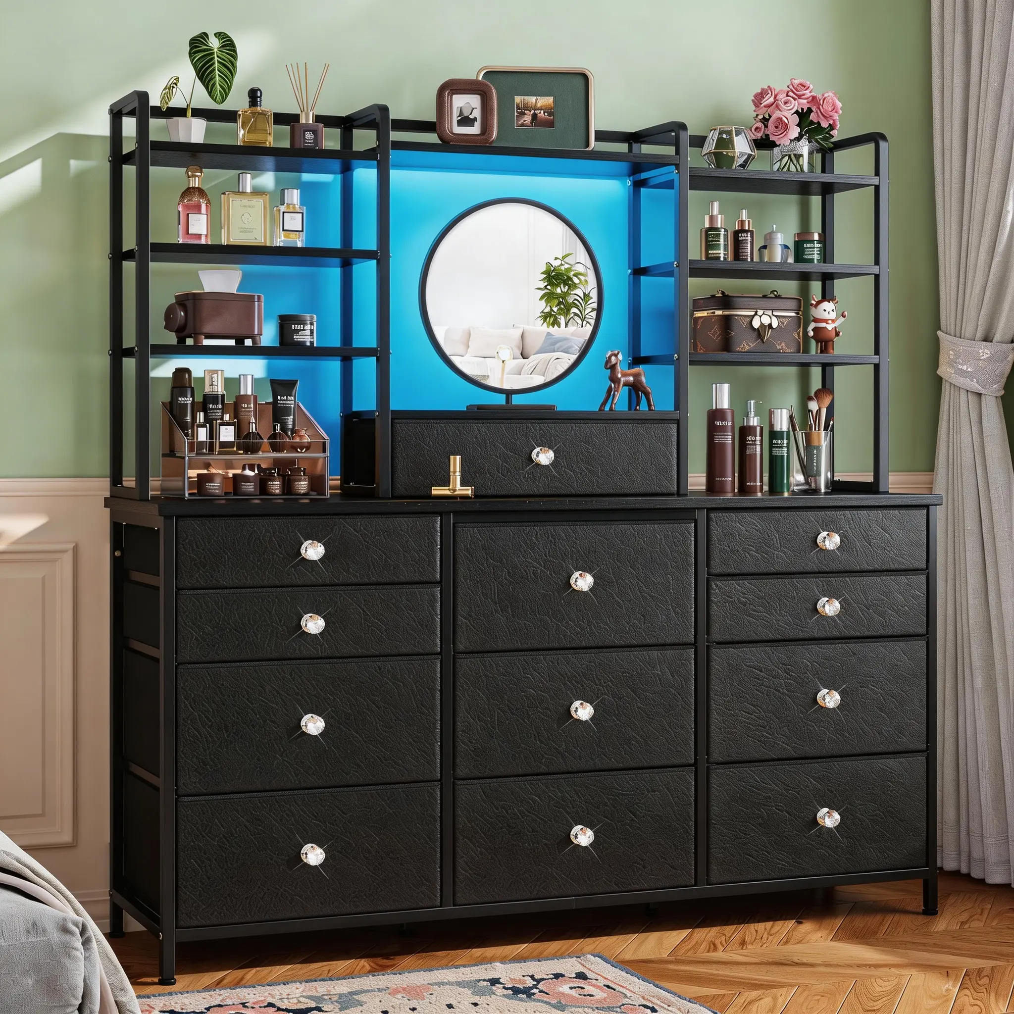 Raybee 12 Drawer LED Dresser for Bedroom, Stylish Fabric Chest with Open Shelves & Crystal Handles, Space-Saving Vanity Storage Organizer, Multi-Functional Furniture with Metal Frame & Wooden Shelf for Entryway, Closet, Living Room, Apartment, Dorm