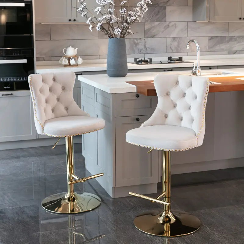 A&A Furniture Beige Adjustable Velvet Home Bar Chairs (Set of 2) - 25-33in Ht., Golden Swivel, Tufted Comfort, Rolling, Durable, Retro, Button Pulls, Hand-Made Pull-Ups, Fixed Back, Assembly Required, Indoor Pub/Kitchen Island Seating