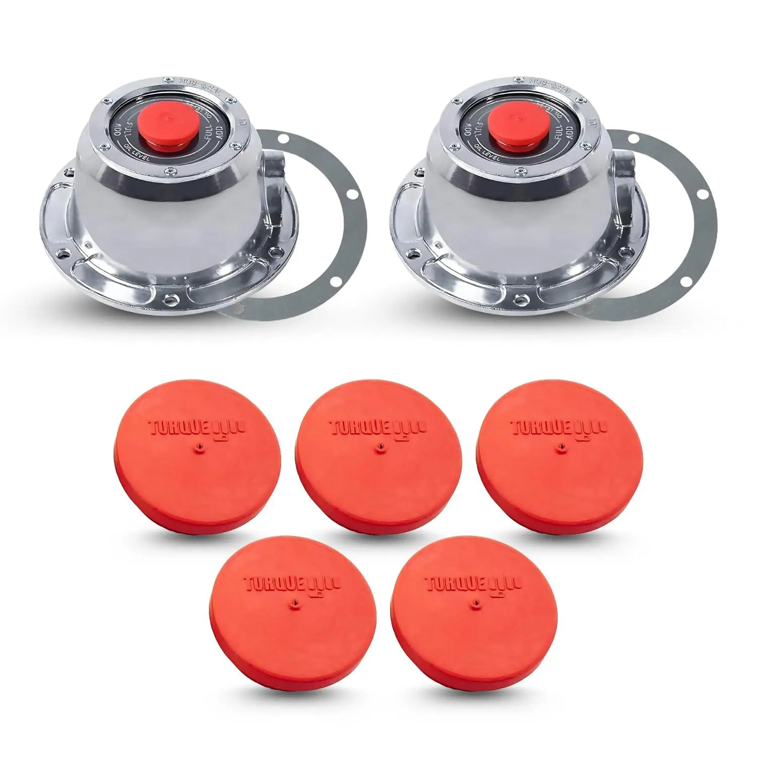 TORQUE 2-Pack Aluminum Trailer Hub Caps (343-4024) - Replacement Truck Vehicle Tire Parts Compatible with Stemco 3434024, Includes 5 Extra Rubber Plugs & Gaskets (2 x TR3434024 +5 x TR3595990)