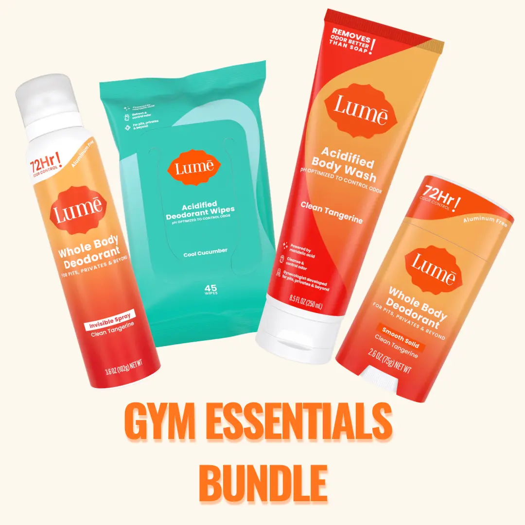 Lume Gym Essentials Bundle: Whole Body Deodorant Stick & Spray, Deodorizing Body Wipes, Acidified Body Wash