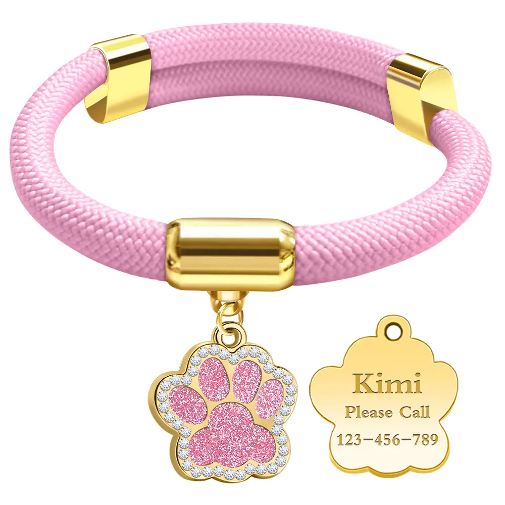Nylon Customized Breakaway Cat Collar with Magnetic Quick-Release Buckle, Custom-Engraved Name Tag, Animal Print (Pure Pink) - Neck Harness Leash Combo; Check Figure 2 for Name Tag Engraving Rules or Contact Customer Service