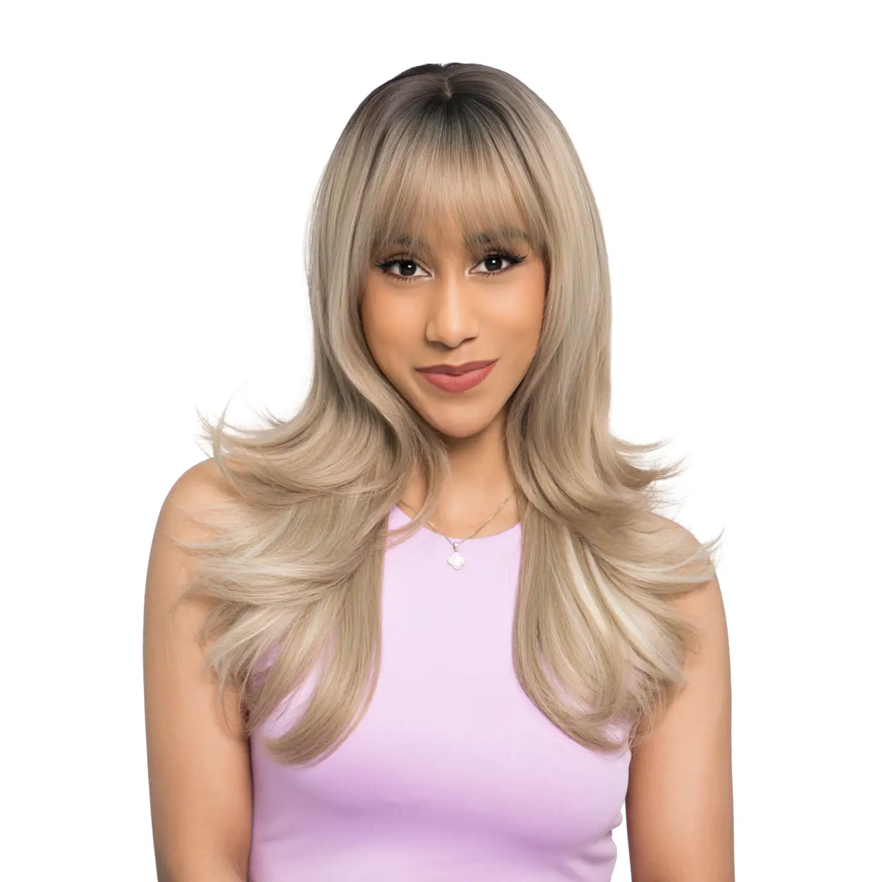 20-inch Light Ash Brown Ombre (Dark Brown Roots) Flicked End Layered Wavy Cut Synthetic Wig | 【Heat Resistant】【Cap Included】 | 52FSGB