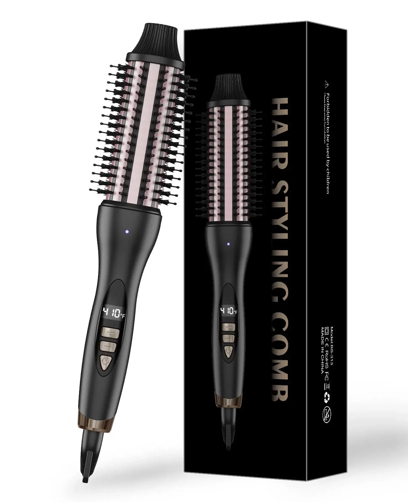 1.5inch Ionic Blowout Brush, Anti-Frizz Hair Round Straightener Curling Thermal Brush Curl Heated Dual Voltage
