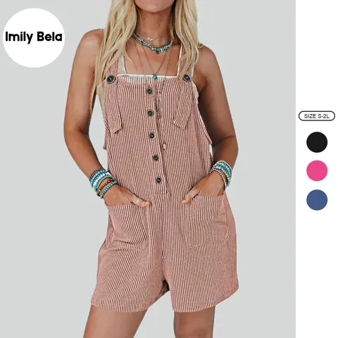Imily Bela Women's Short Romper for Summer Casual Button Stripped Jumpsuit Adjustable Straps Cute Mini Overall with Pocket Comfort Striped