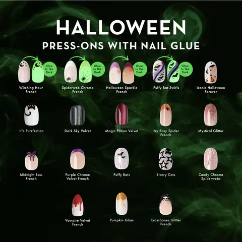 Olive & June Halloween Press On Nails with Glue, 18 Spooky Styles Including Glow in the Dark, 42 Nails in 14 Sizes
