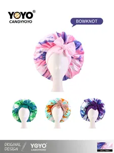 Candy YoYo 3PC Tie Dye Bow Decor Satin Sleeping Hair Bonnet, Casual Comfortable Hair Care Bonnet, Soft Sleeping Bonnet for Women & Girls, Bonnets for Sleeping