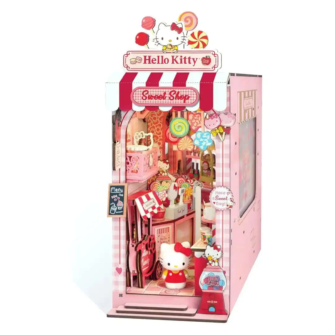 Hello Kitty Sweet Shop Miniature Book Nook DIY Kit - Striped Pre-Cut DIY Ease Hand-Craft Doll House Playset for Unisex Crafters Fans Ages 14+, Ideal for 1 Birthday Scenario